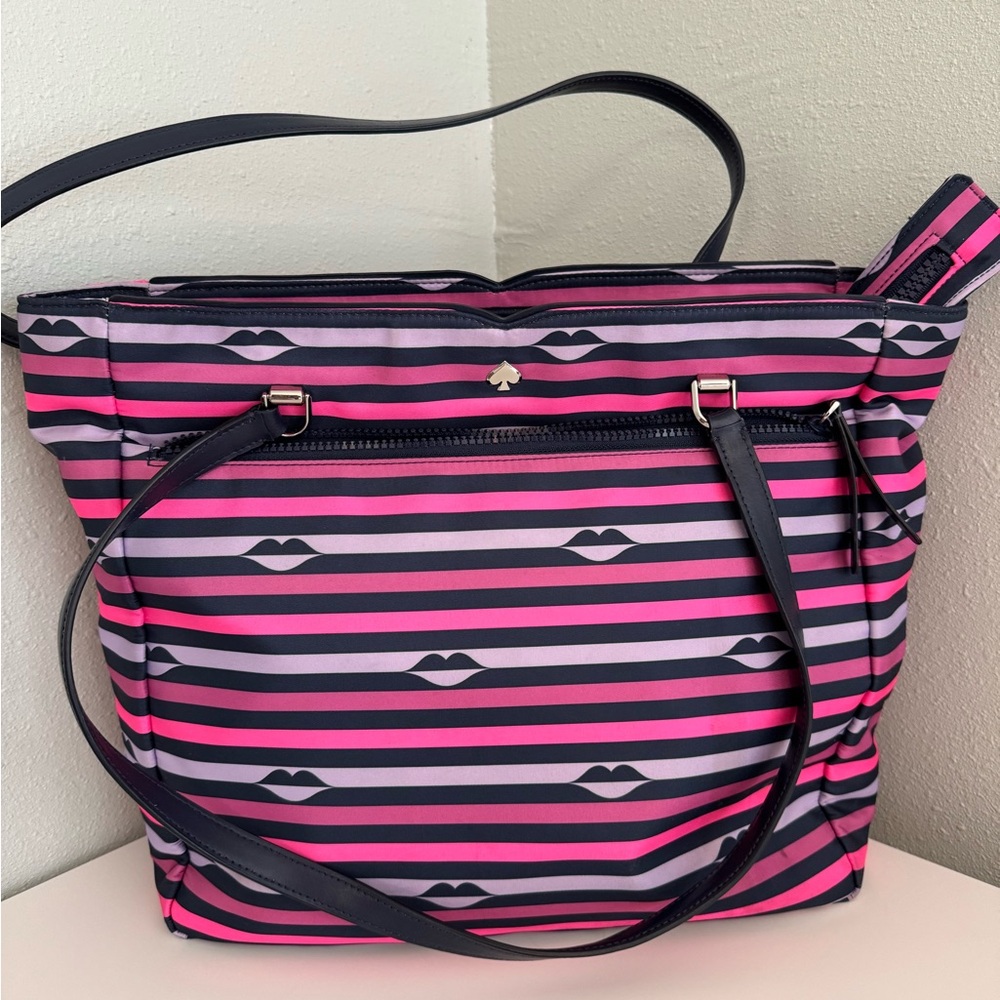 Kate Spade Jae Nylon Striped with Lip Print Tote Bag